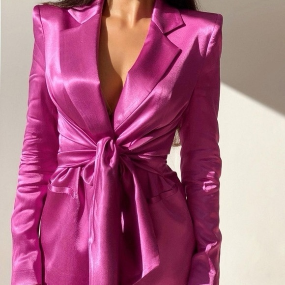 ZARA SATIN BLAZER WITH BUILT IN TIE SASH SIZE S PINK/ FUCHSIA FEMININE ROMANTIC - Picture 2 of 16